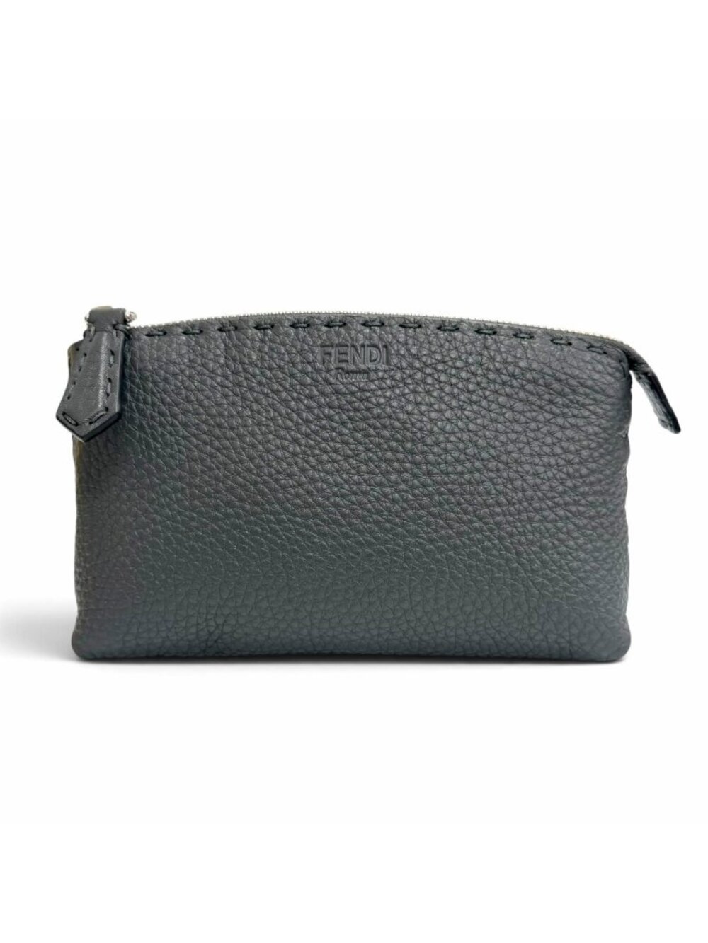 Fendi Selleria Logo Leather Pouch Makeup Dark Gray Silver